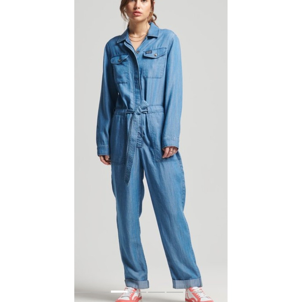Superdry The Vintage Woven Boiler Suit‎ Sz 8 Chambray Tencel Jumpsuit Belted